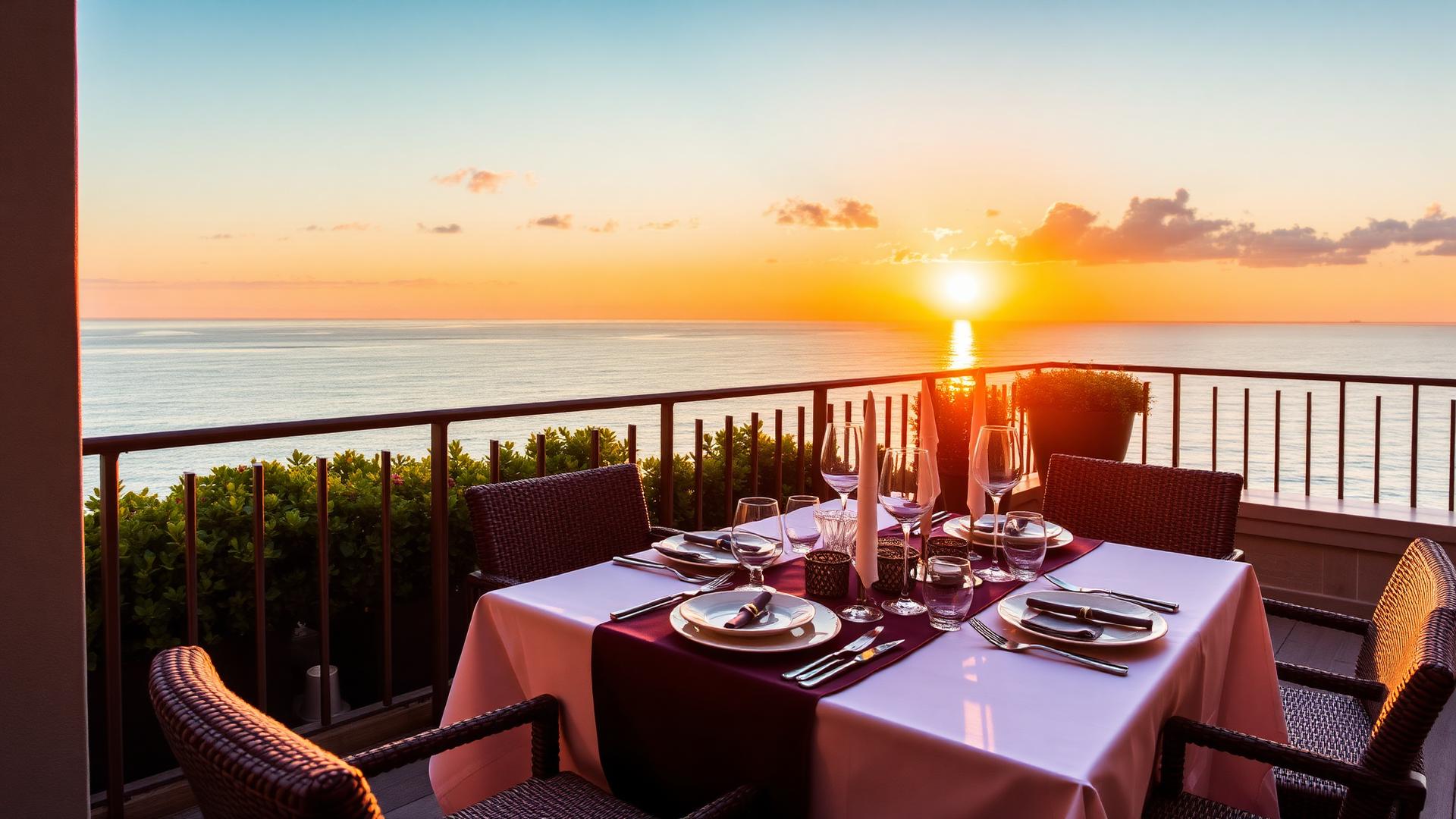 Sunset dinner table on a balcony overlooking the sea